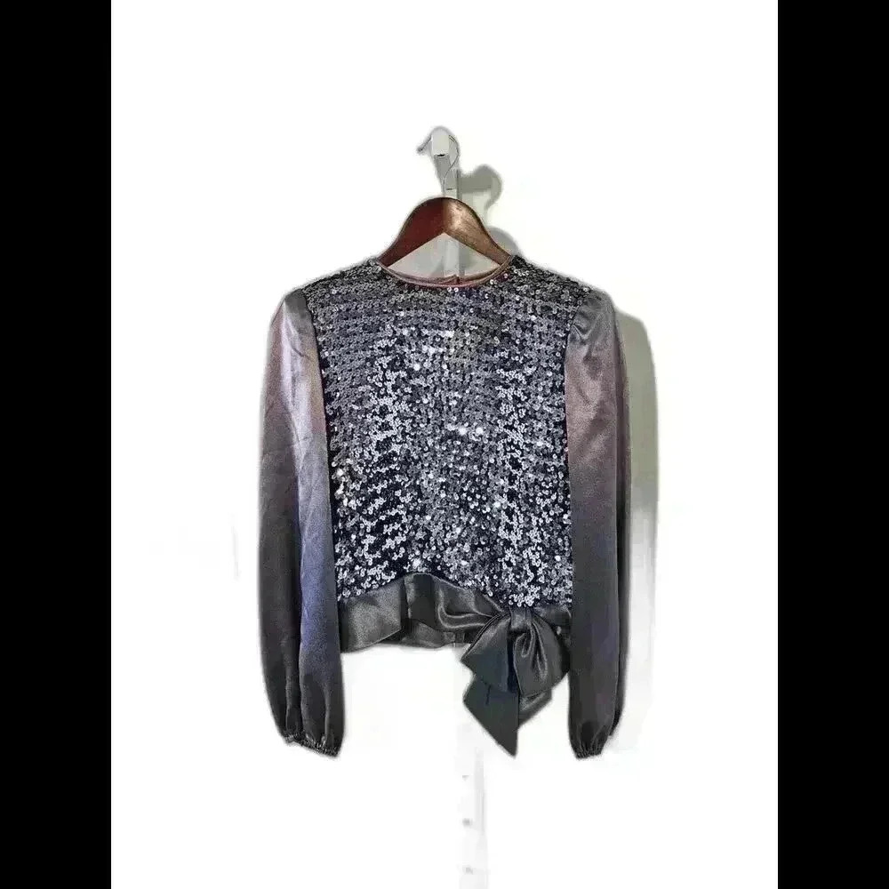 RARE VINTAGE FIND! Elegant Sequin-Covered Crop Top with Satin Sleeves